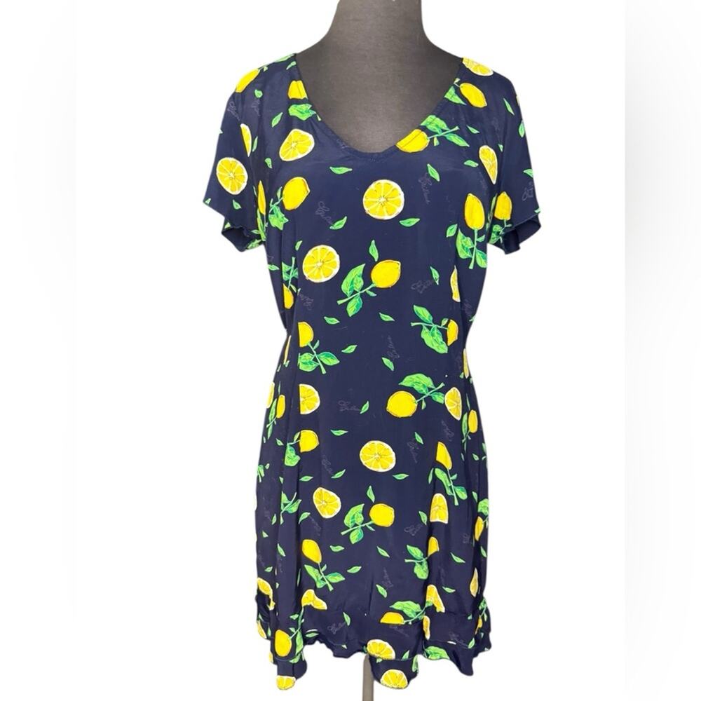 Y2K Lemon Print Dress Navy Fruit Summer Cottagecore Kawaii Women Size M Coquette